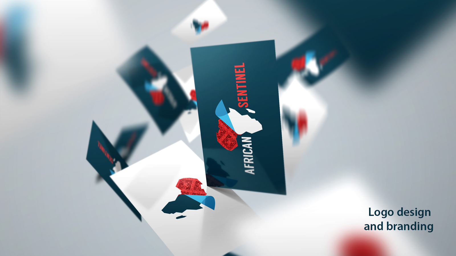 Falling business cards with African Sentinel branding.